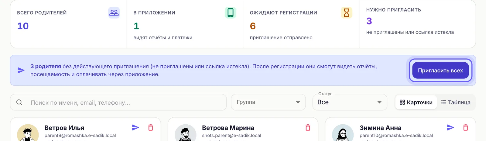 Кнопка «Пригласить всех» в разделе «Родители»