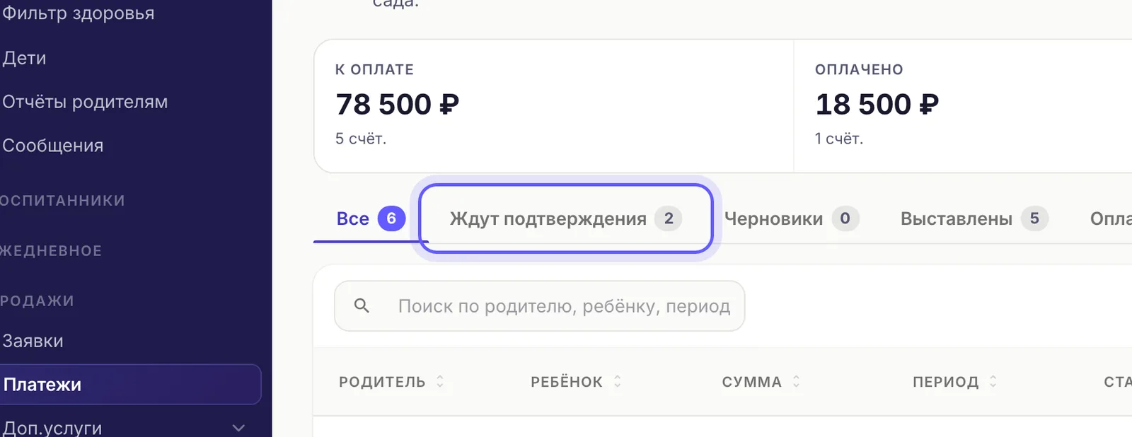 Вкладка «Ждут подтверждения»